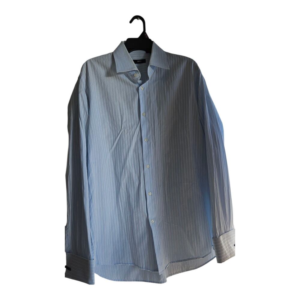 Hugo Boss Mens Dress Shirt Office Button Up Striped Blue Shirt XL 17 34/35